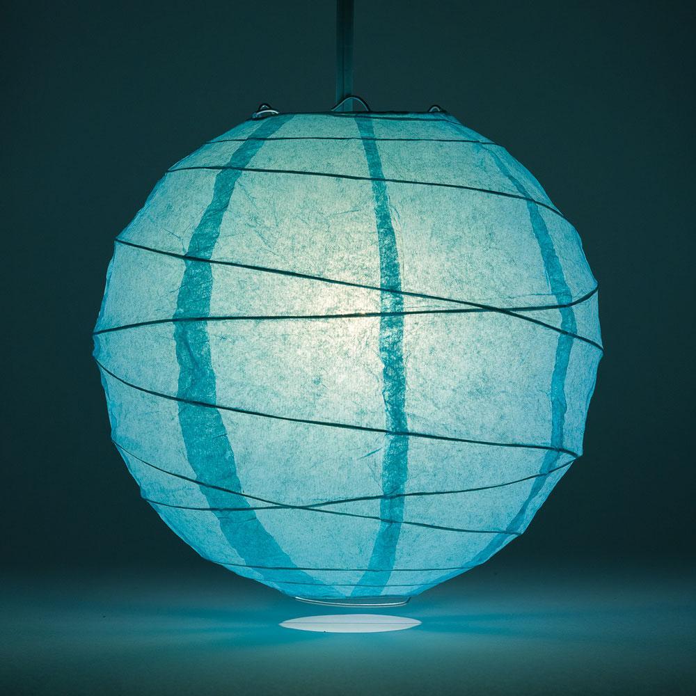 Lit Water Blue Free-Style Ribbing Round Paper Lantern
