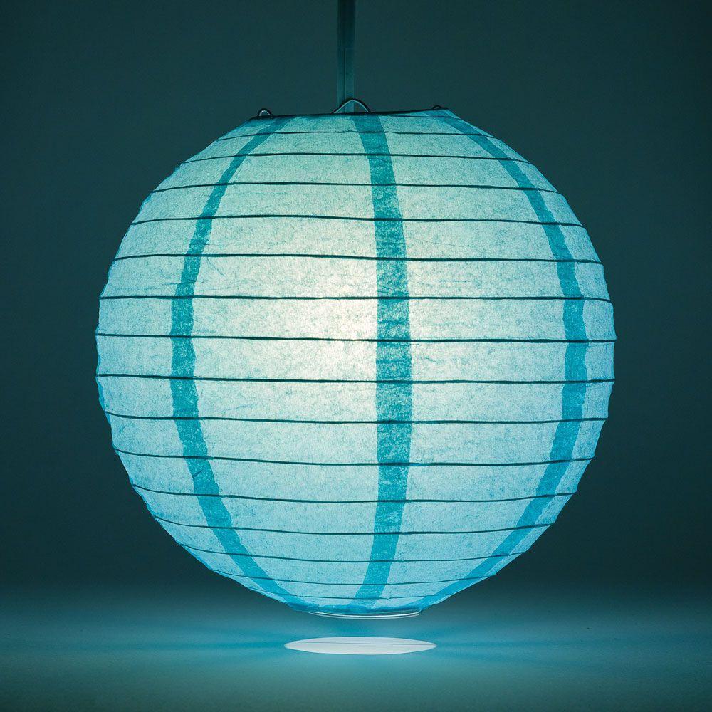 Lit Water Blue Round Paper Lantern, Even Ribbing, Chinese Hanging Wedding &amp; Party Decoration