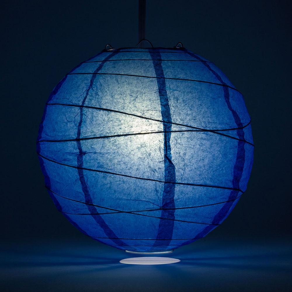 Lit Dark Blue Free-Style Ribbing Round Paper Lantern
