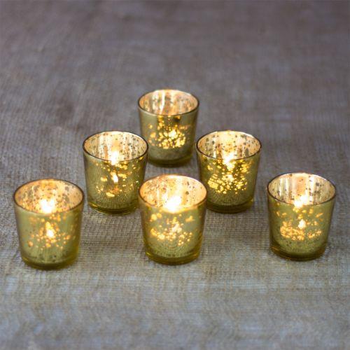 6-Pack Vintage Mercury Glass Tea Light Candle Holders (2.5-Inch, Lila Design, Liquid Motif, Gold) - For use with Tea Lights - For Parties, Weddings and Homes - Luna Bazaar | Boho &amp; Vintage Style Decor