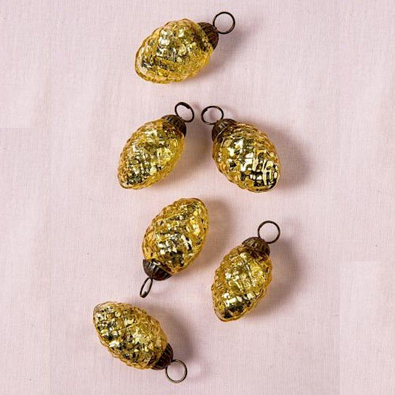 6 Pack | 1.5-Inch Gold Willow Mercury Glass Pine Cone Ornaments Christmas Tree Decoration