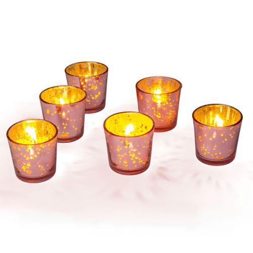 6 Pack | Vintage Mercury Glass Candle Holders (2.5-Inch, Lila Design, Liquid Motif, Rose Gold Pink) - for Use with Tea Lights - for Parties, Weddings