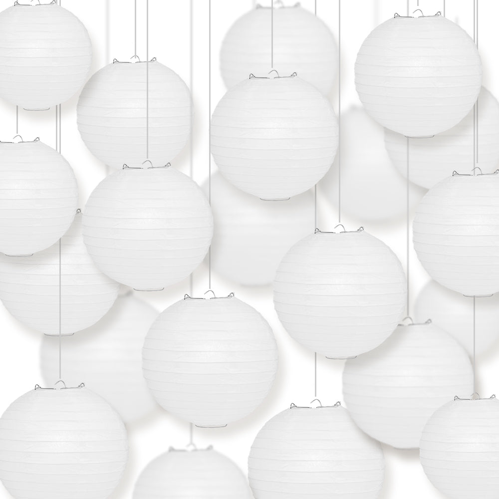 BULK PACK (25) 12 Inch White Parallel Ribbing Round Paper Lanterns - Luna Bazaar | Boho & Vintage Style Decor
