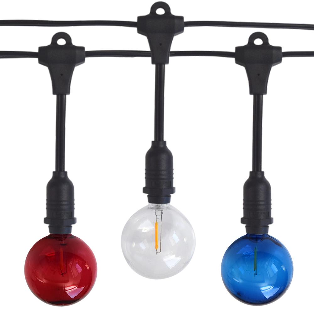 Shatterproof Globe LED Patriotic 4th of July Outdoor Suspended Commercial String Light, Black Cord
