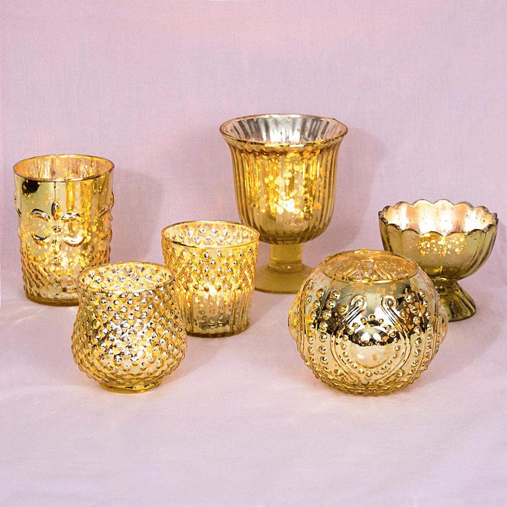 Vintage Glam Gold Mercury Glass Tea Light Votive Candle Holders (6 PACK, Assorted Designs and Sizes) - Luna Bazaar | Boho & Vintage Style Decor