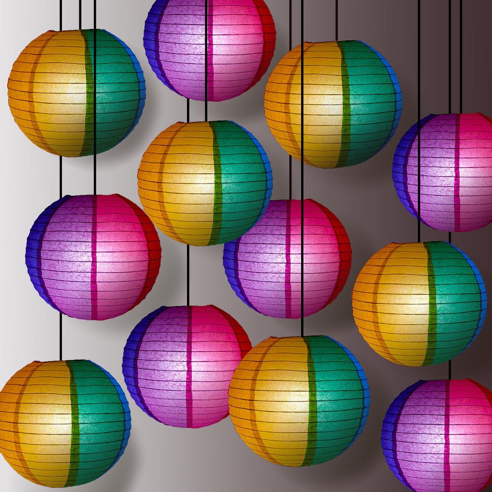 14 Inch Rainbow Multi-Color Paper Lantern, Parallel Ribbing (12-Pack) - Luna Bazaar | Boho &amp; Vintage Style Decor