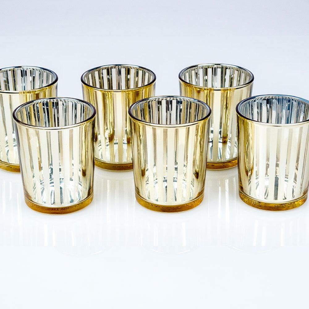 CLOSEOUT Stripe Votive Tea Light Glass Candle Holder - Gold (2.5 Inches) (6 PACK) - Luna Bazaar | Boho & Vintage Style Decor