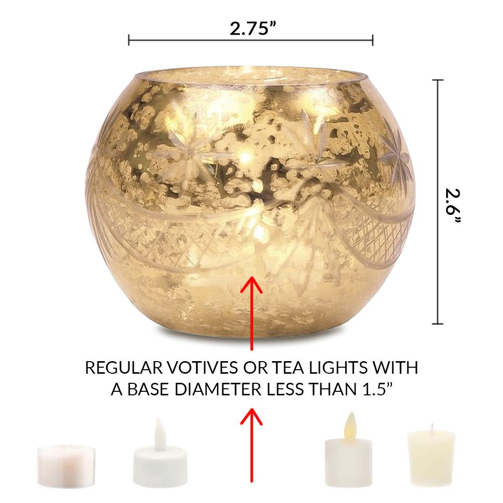 Vintage Mercury Glass Candle Holder (3-Inch, Mary Design, Globe Shape, Gold) - For Use with Tea Lights - For Parties, Weddings, and Homes - Luna Bazaar | Boho &amp; Vintage Style Decor