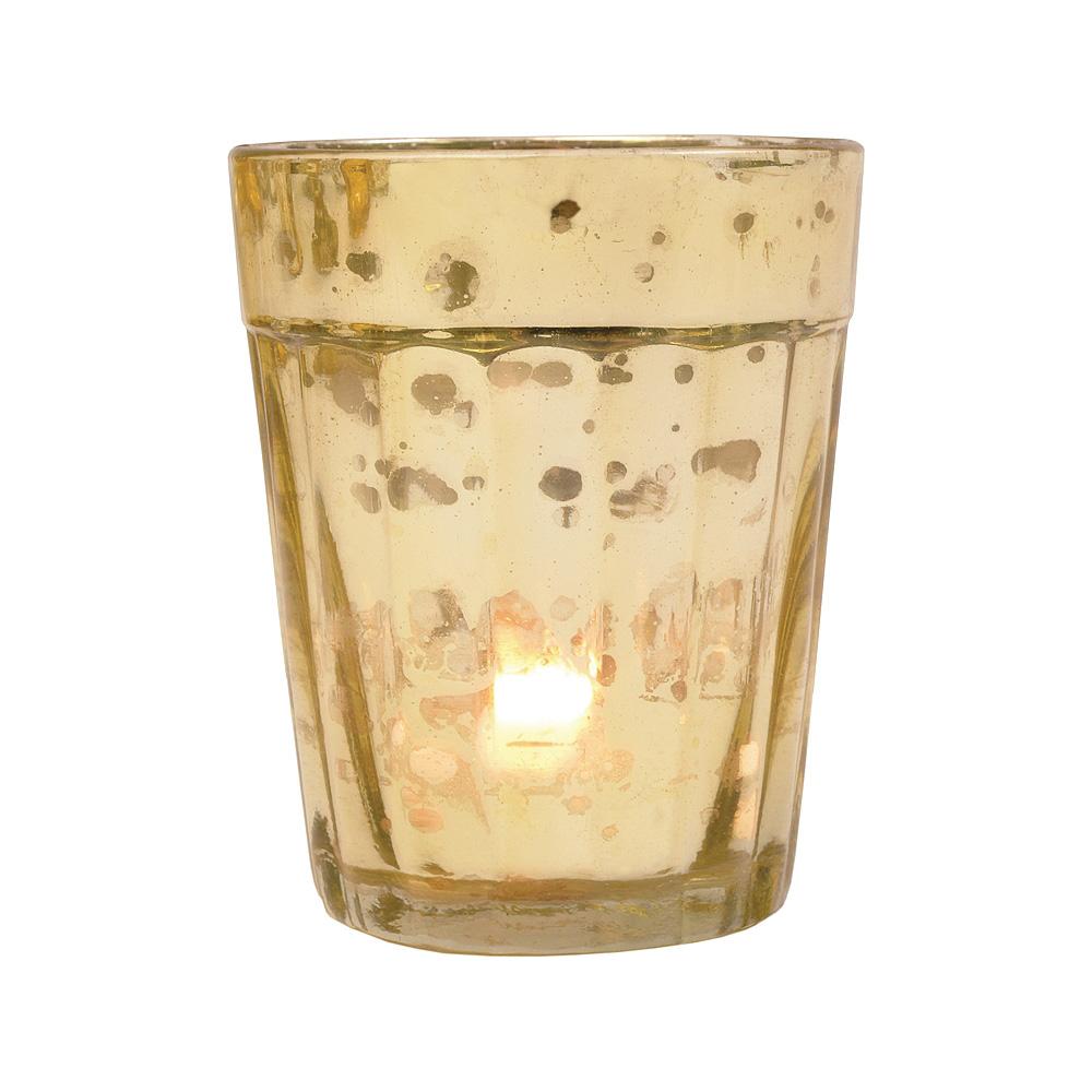 Vintage Mercury Glass Candle Holder (3.25-Inch, Katelyn Design, Column Motif, Gold) - For Use with Tea Lights - Home Decor and Wedding Decorations - Luna Bazaar | Boho &amp; Vintage Style Decor