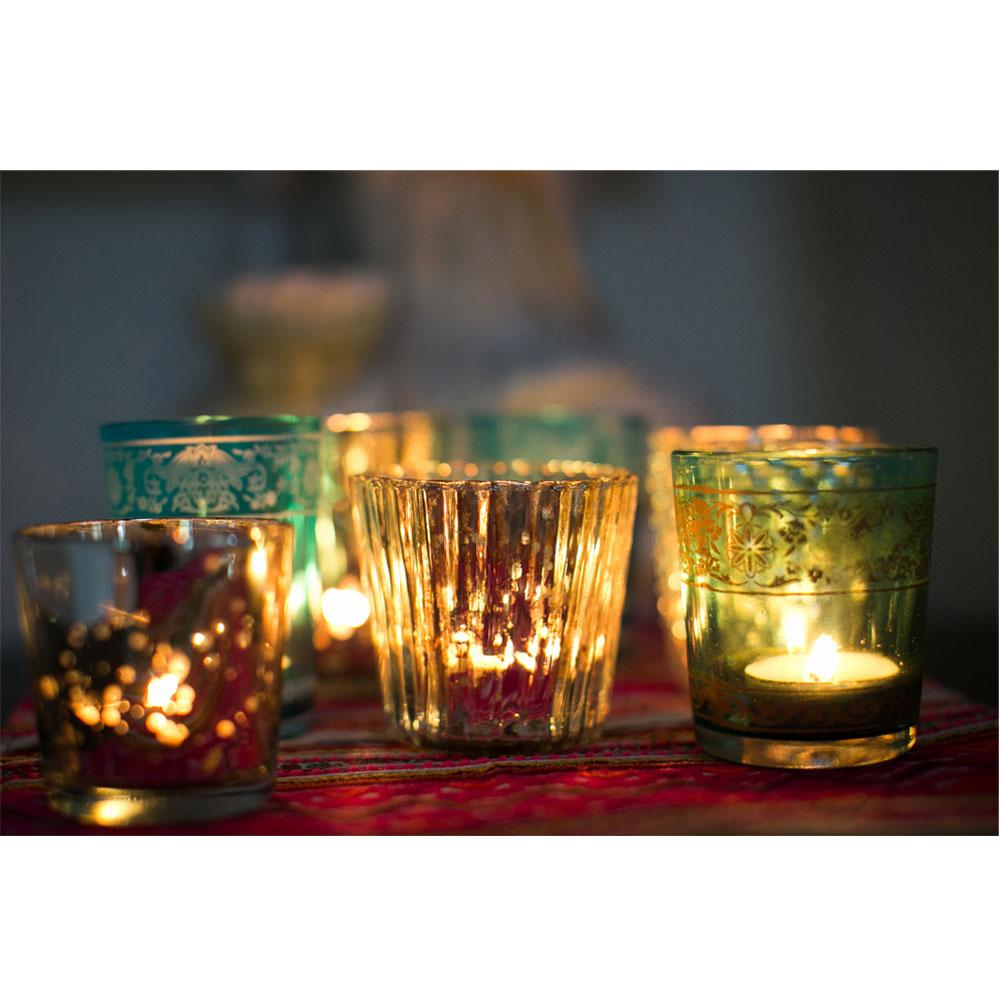 4-Pack Vintage Mercury Glass Candle Holders (3-Inch, Caroline Design, Vertical Motif, Gold) - For use with Tea Lights - For Home Decor, Parties and Wedding Decorations - Luna Bazaar | Boho &amp; Vintage Style Decor