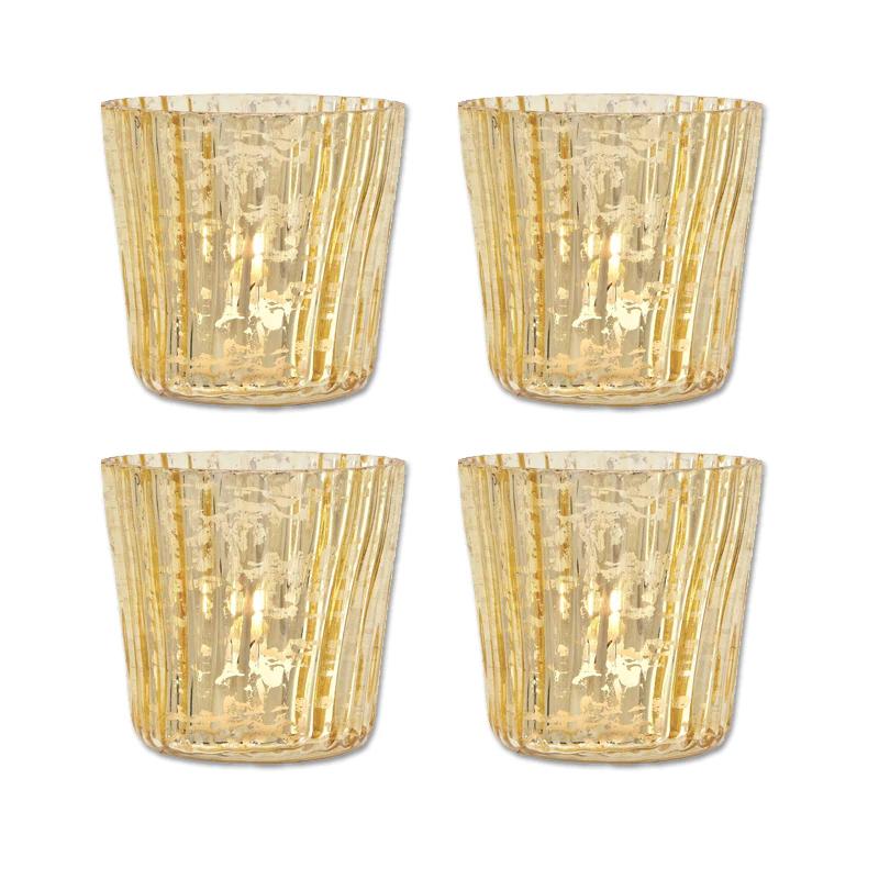 4-Pack Vintage Mercury Glass Candle Holders (3-Inch, Caroline Design, Vertical Motif, Gold) - For use with Tea Lights - For Home Decor, Parties and Wedding Decorations - Luna Bazaar | Boho &amp; Vintage Style Decor