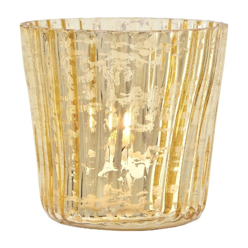 Vintage Mercury Glass Candle Holders (3-Inch, Caroline Design, Vertical Motif, Gold) - For Use with Tea Lights - For Parties, Weddings, and Homes - Luna Bazaar | Boho &amp; Vintage Style Decor
