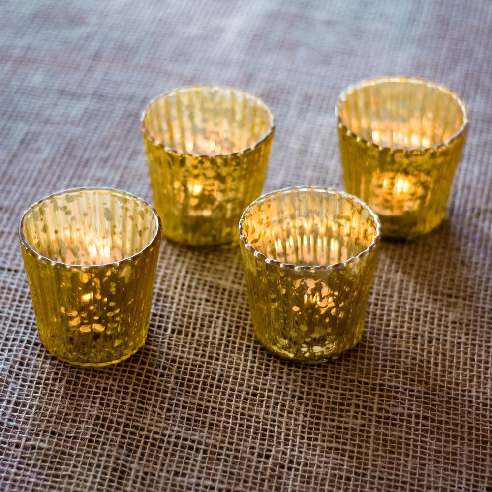 Vintage Mercury Glass Candle Holders (3-Inch, Caroline Design, Vertical Motif, Gold) - For Use with Tea Lights - For Parties, Weddings, and Homes - Luna Bazaar | Boho &amp; Vintage Style Decor