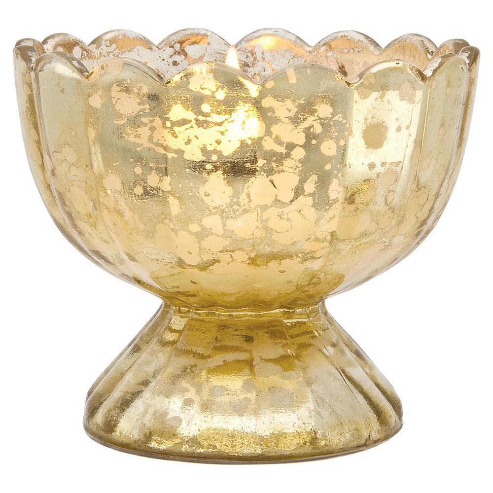 Vintage Mercury Glass Candle Holder (3-Inch, Suzanne Design, Sundae Cup Motif, Gold) - For Use with Tea Lights - Home Decor and Wedding Decorations - Luna Bazaar | Boho &amp; Vintage Style Decor