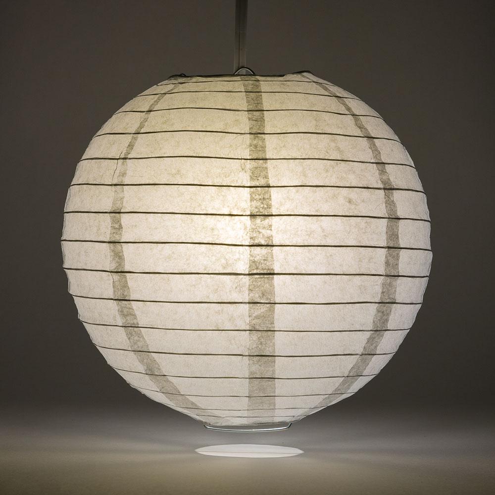 Lit Dove Gray Round Paper Lantern, Parallel Ribbing, Chinese Hanging Wedding & Party Decoration