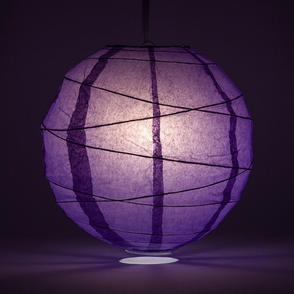 Lit Royal Purple Round Paper Lantern, Crisscross Ribbing, Chinese Hanging Wedding & Party Decoration