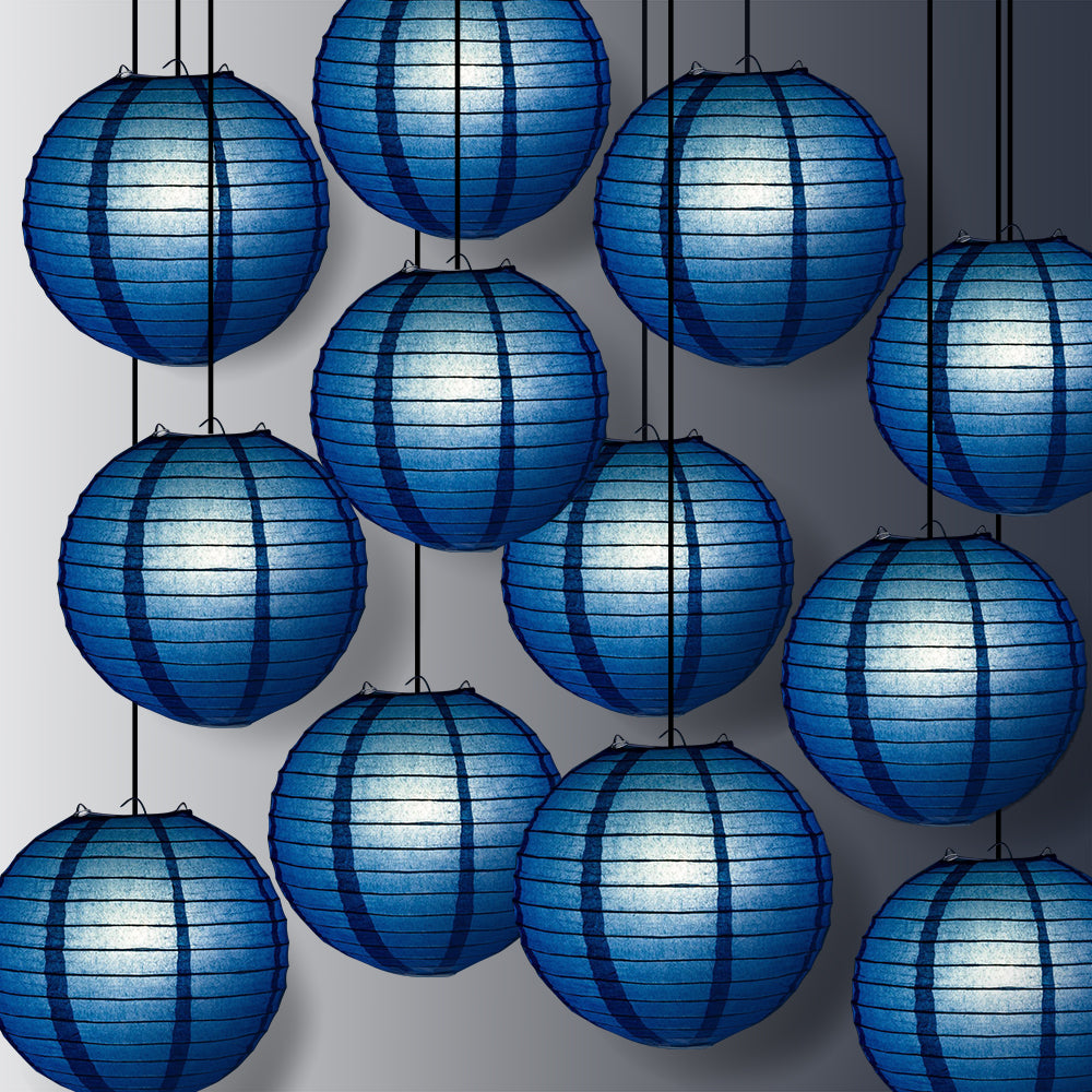 12 PACK | 12" Navy Blue Parallel Ribbing Round Paper Lantern, Hanging Combo Set - PaperLanternStore.com - Paper Lanterns, Decor, Party Lights & More