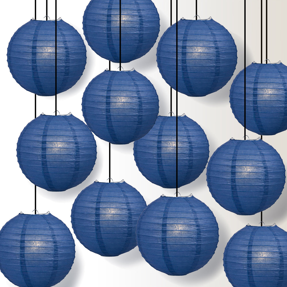 12 PACK | 12" Navy Blue Parallel Ribbing Round Paper Lantern, Hanging Combo Set - PaperLanternStore.com - Paper Lanterns, Decor, Party Lights & More