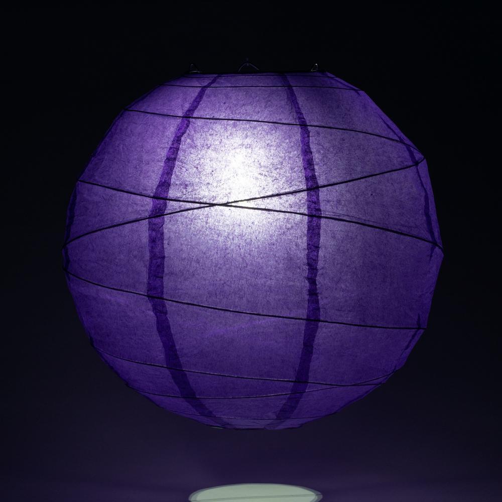Lit Plum Purple Round Paper Lantern, Crisscross Ribbing, Chinese Hanging Wedding & Party Decoration