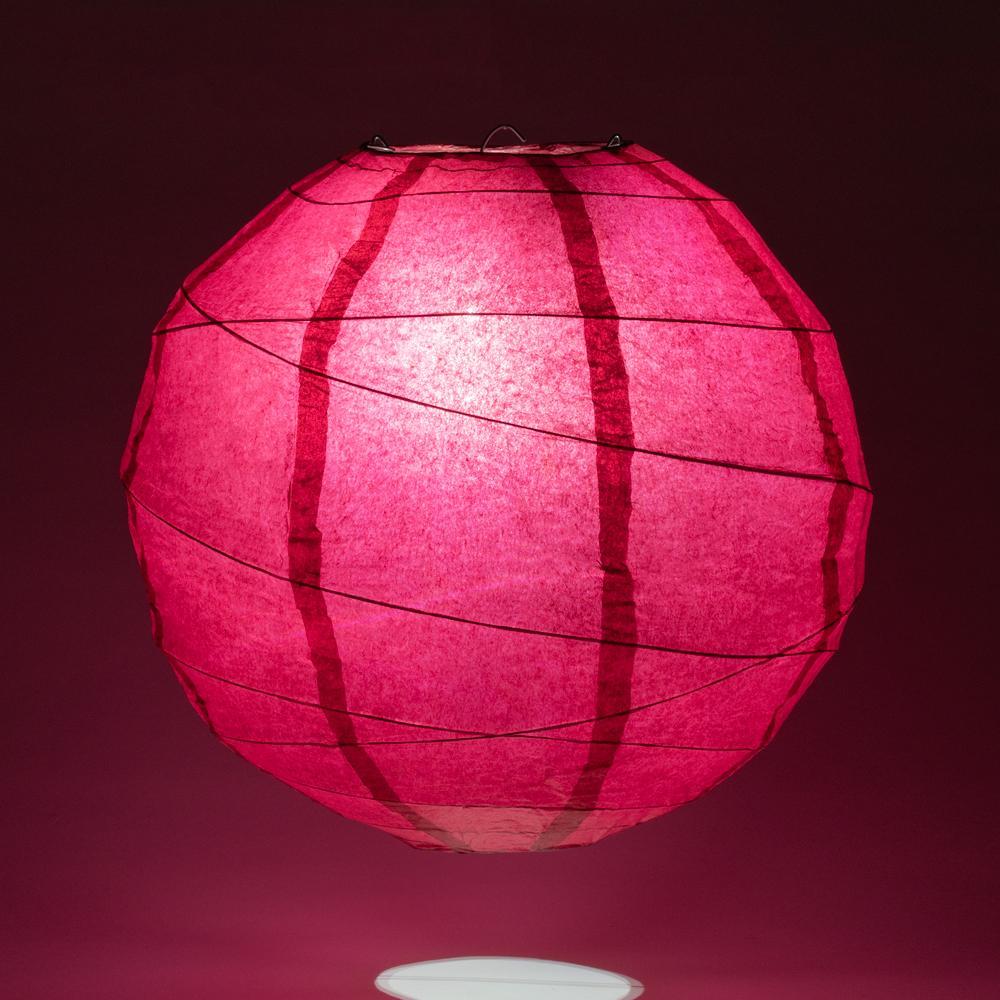 Lit Velvet Red Round Paper Lantern, Crisscross Ribbing, Chinese Hanging Wedding & Party Decoration
