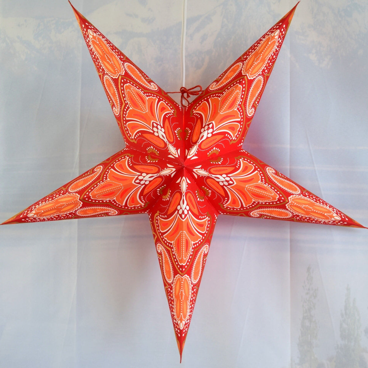 3-PACK | 24 Inch Paper Star Lantern, Red Aura Glow Glitter KIT with Triple Pendant Light Included - Luna Bazaar | Boho & Vintage Style Decor