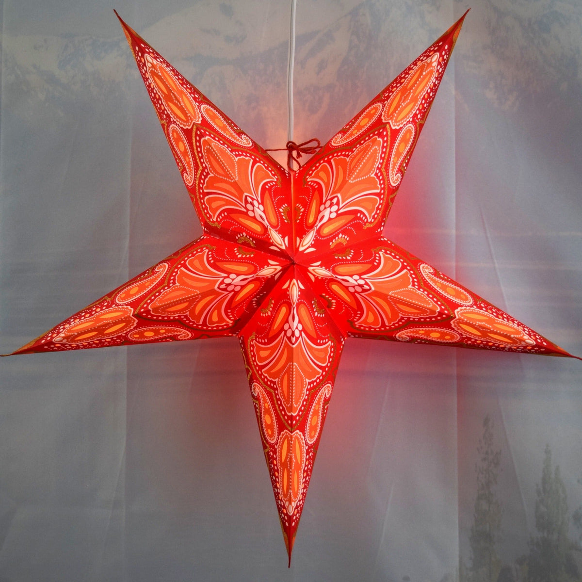 3-PACK | 24 Inch Paper Star Lantern, Red Aura Glow Glitter KIT with Triple Pendant Light Included - Luna Bazaar | Boho & Vintage Style Decor