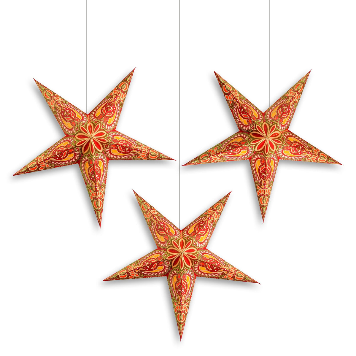 3-PACK | 24 Inch Paper Star Lantern, Red Aura Glow Glitter KIT with Triple Pendant Light Included - Luna Bazaar | Boho & Vintage Style Decor