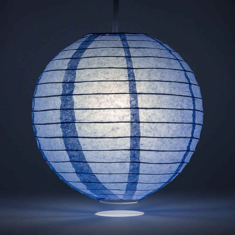 Lit Serenity Blue Round Paper Lantern, Parallel Ribbing, Chinese Hanging Wedding & Party Decoration