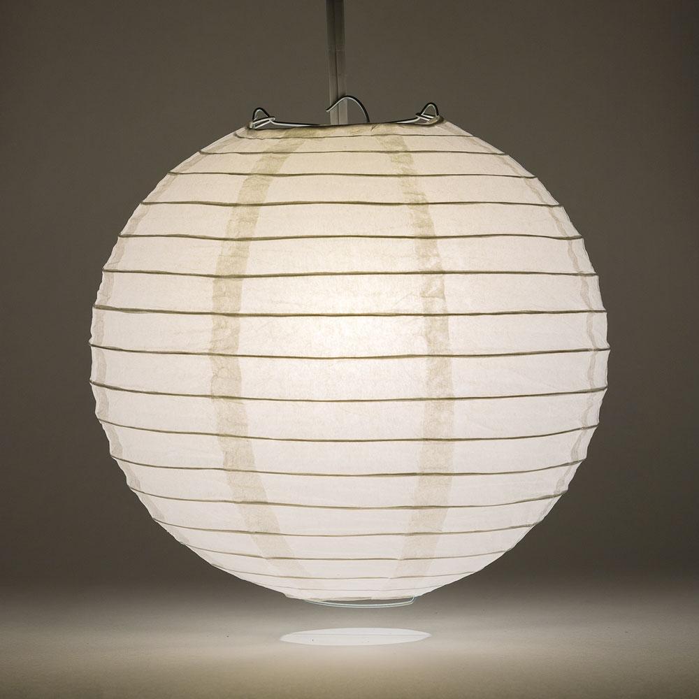 Lit White Round Paper Lantern, Parallel Ribbing, Chinese Hanging Wedding & Party Decoration
