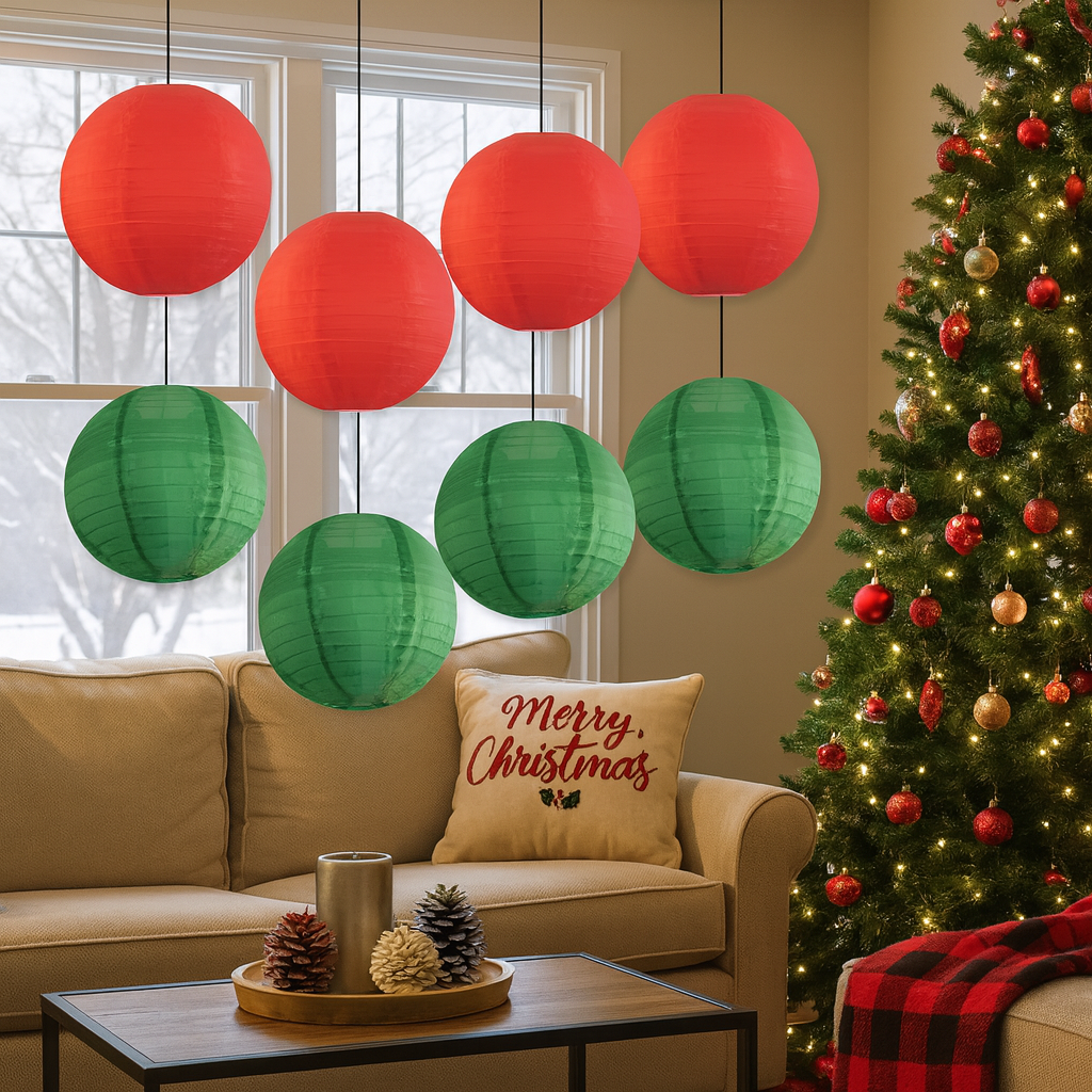 8 PACK | Festive Holiday Nylon Lanterns, Green Red Combo Set - Luna Bazaar | Boho & Vintage Style Decor