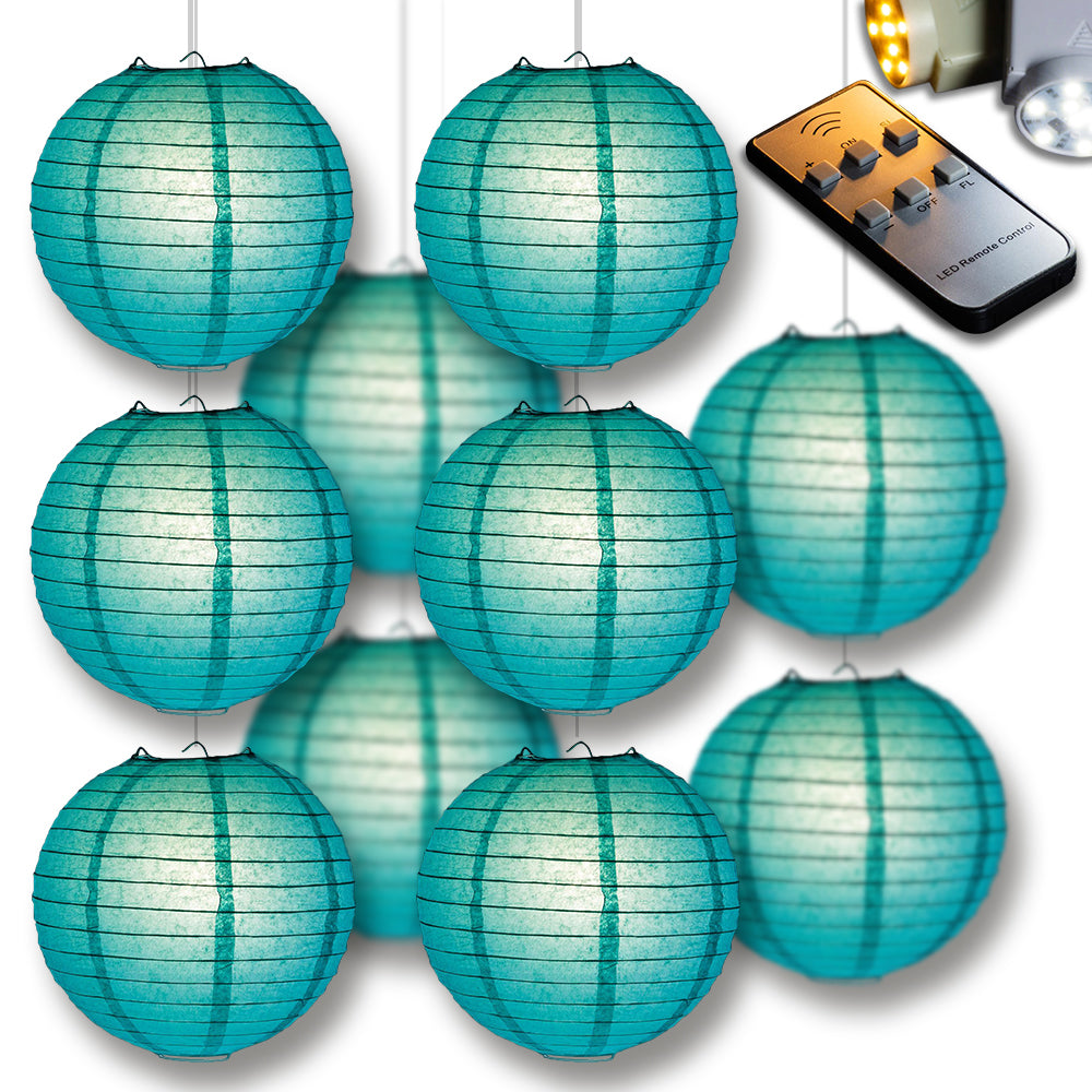 MoonBright Teal Green Paper Lantern 10pc Party Pack with Remote Controlled LED Lights Included - Luna Bazaar | Boho & Vintage Style Decor