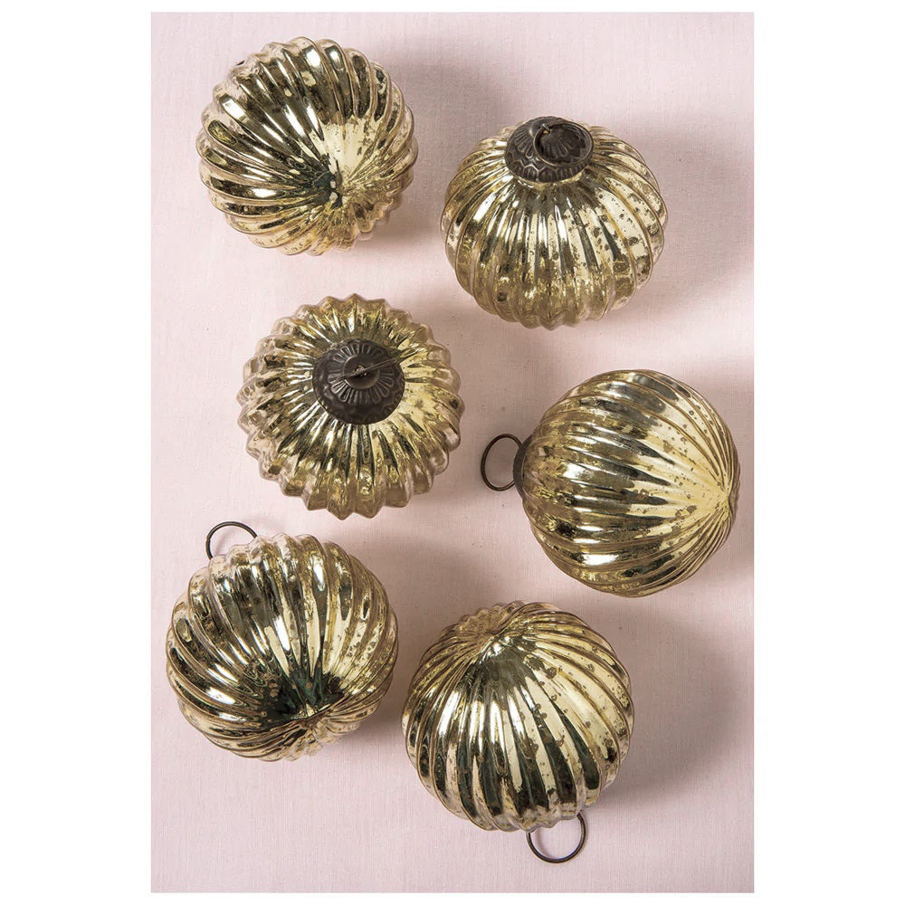 6 Pack | Large Mercury Glass Ball Ornaments (3-Inch, Gold, Mona Design) - Great Gift Idea, Vintage-Style Decorations for Christmas and Home Decor - Luna Bazaar | Boho & Vintage Style Decor