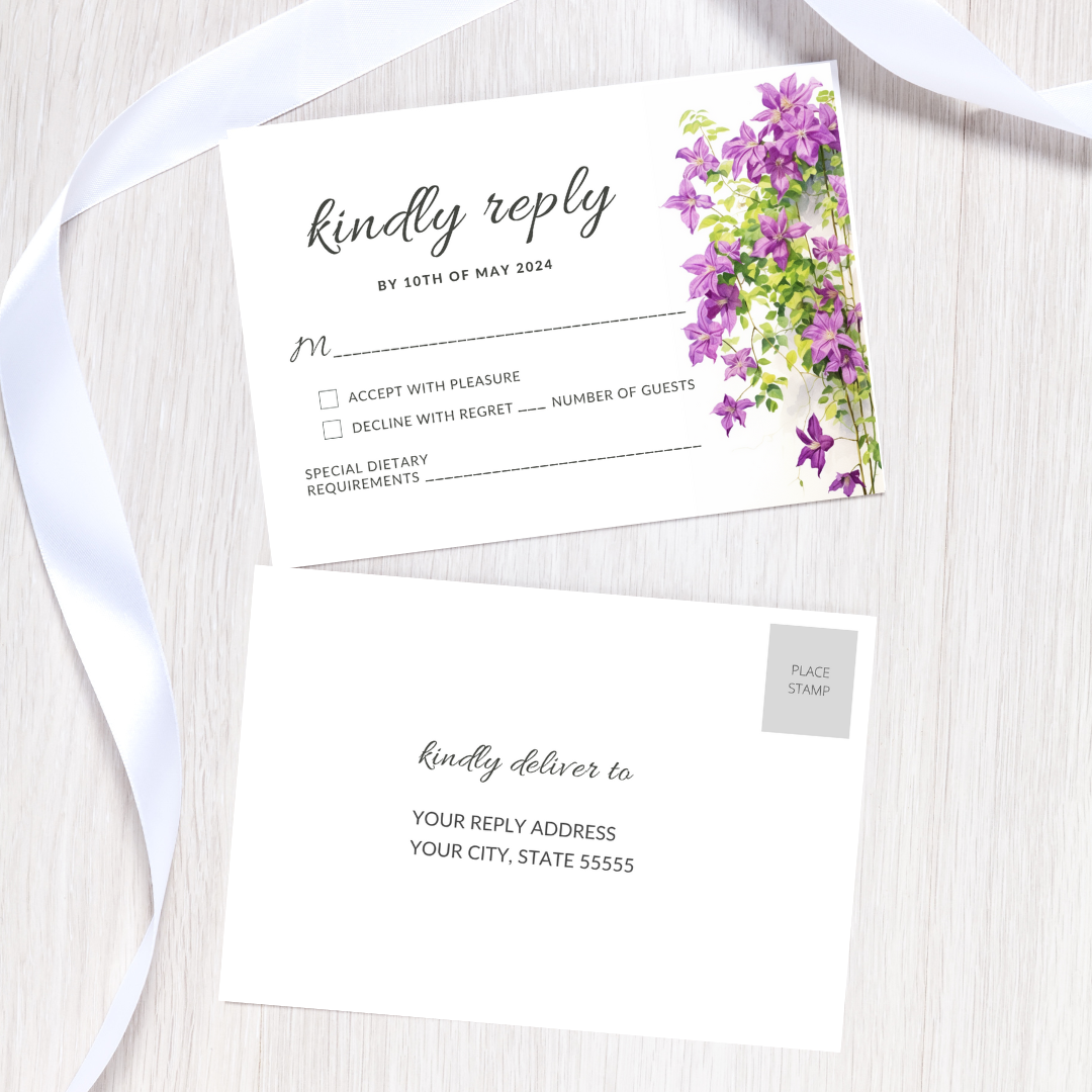 Printable DIY Wedding Invitation Templates with Purple Clematis Floral Design - Customizable Edit and Print (Includes Invitation, RSVP, and Details Card) - Luna Bazaar | Boho &amp; Vintage Style Decor