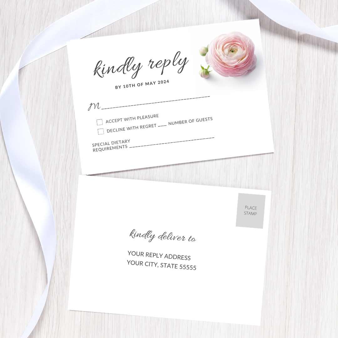 Printable DIY Wedding Invitation Templates with Pink Ranunculus Floral Design - Customizable Edit and Print (Includes Invitation, RSVP, and Details Card) - Luna Bazaar | Boho &amp; Vintage Style Decor