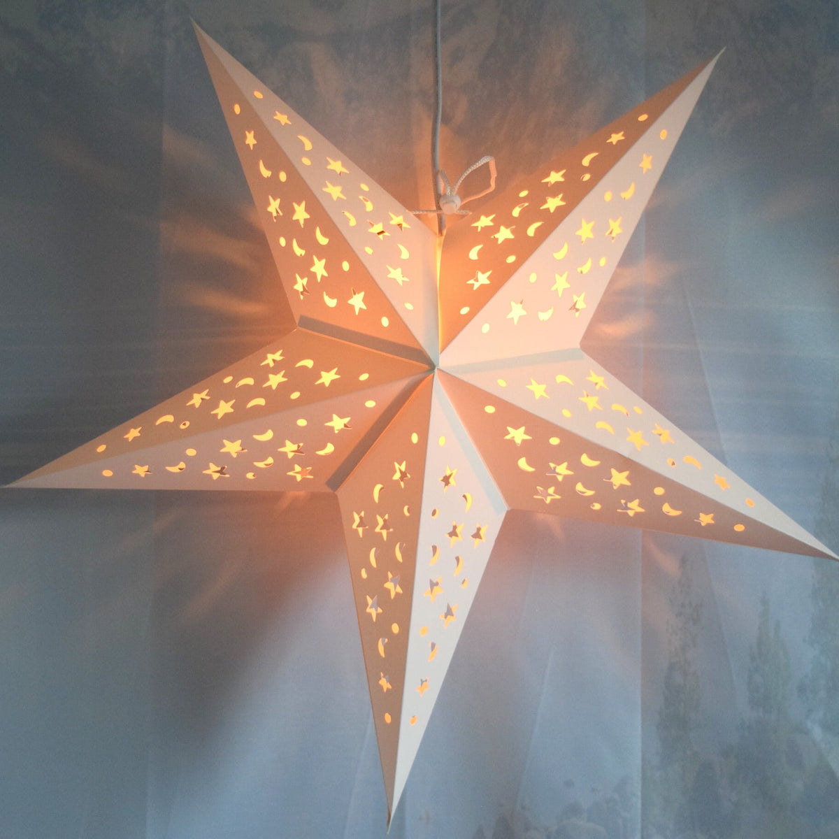 24" White Star Moon Cut-Out Paper Star Lantern, Hanging Wedding & Party Decoration - Luna Bazaar | Boho & Vintage Style Decor