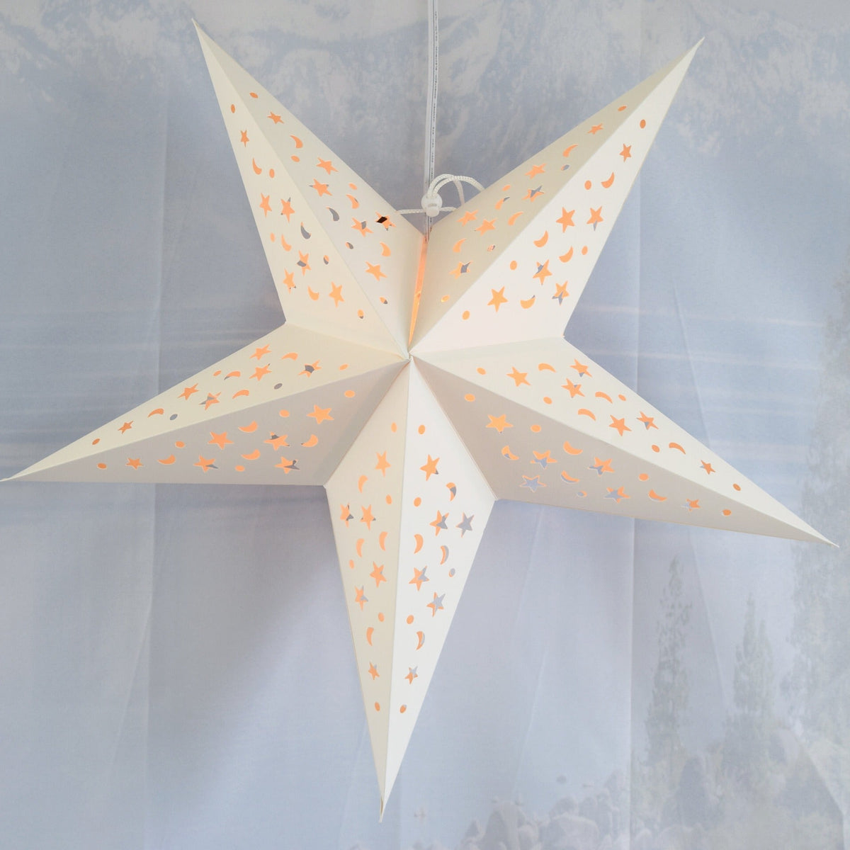 24" White Star Moon Cut-Out Paper Star Lantern, Hanging Wedding & Party Decoration - Luna Bazaar | Boho & Vintage Style Decor