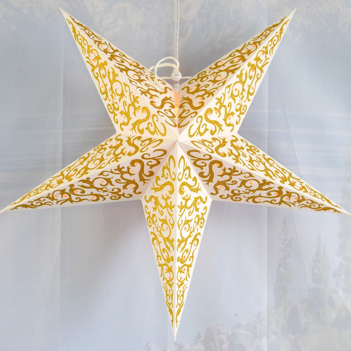 24" Gold Bramble Glitter Paper Star Lantern, Hanging - Luna Bazaar | Boho & Vintage Style Decor