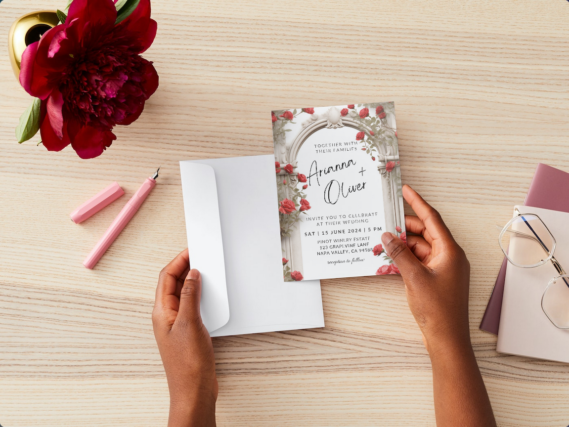 Printable DIY Wedding Invitation Templates with Red Roses Floral Design - Customizable Edit and Print (Includes Invitation, RSVP, and Details Card) - Luna Bazaar | Boho &amp; Vintage Style Decor