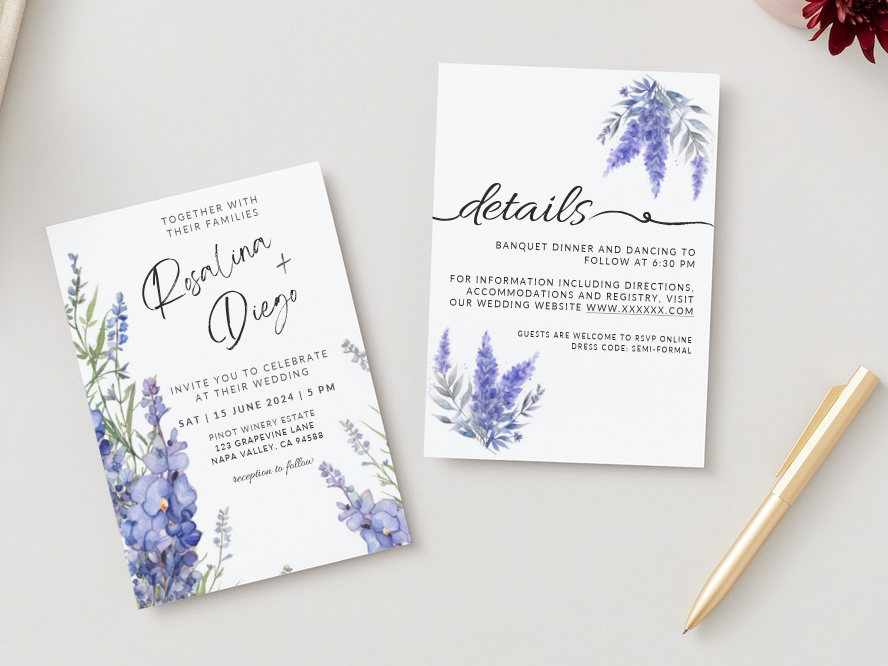 Printable DIY Wedding Invitation Templates with Blue Lavender Floral Design - Customizable Edit and Print (Includes Invitation, RSVP, and Details Card) - Luna Bazaar | Boho &amp; Vintage Style Decor