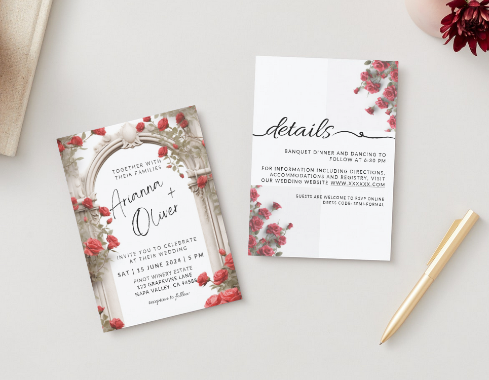 Printable DIY Wedding Invitation Templates with Red Roses Floral Design - Customizable Edit and Print (Includes Invitation, RSVP, and Details Card) - Luna Bazaar | Boho &amp; Vintage Style Decor