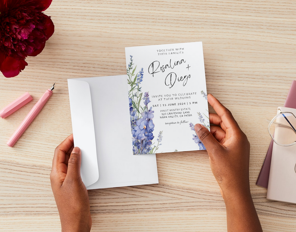 Printable DIY Wedding Invitation Templates with Blue Lavender Floral Design - Customizable Edit and Print (Includes Invitation, RSVP, and Details Card) - Luna Bazaar | Boho &amp; Vintage Style Decor