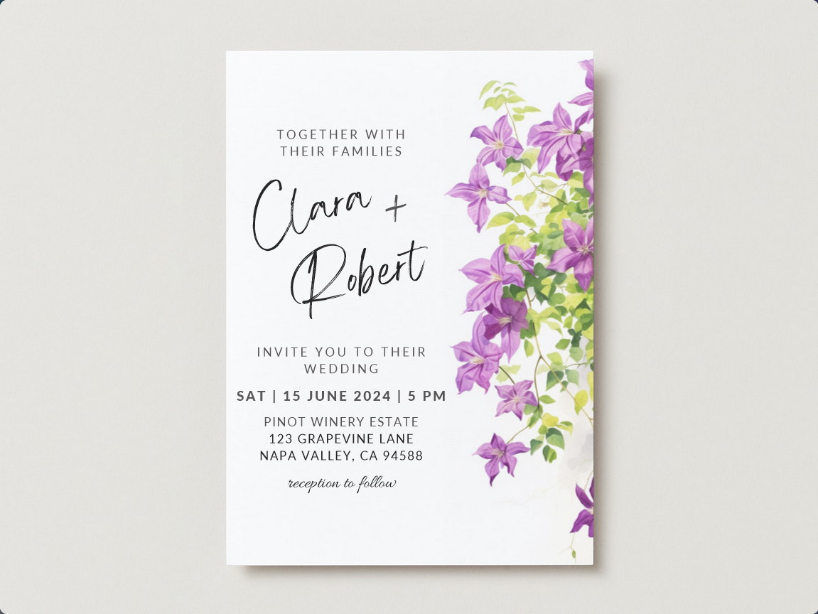 Printable DIY Wedding Invitation Templates with Purple Clematis Floral - Luna Bazaar | Boho & Vintage Style Decor for Design Wedding Invitations Online Free Printable
