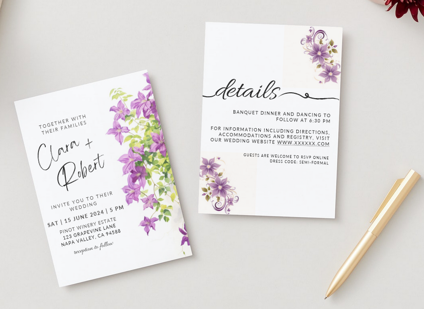 Printable DIY Wedding Invitation Templates with Purple Clematis Floral Design - Customizable Edit and Print (Includes Invitation, RSVP, and Details Card) - Luna Bazaar | Boho &amp; Vintage Style Decor