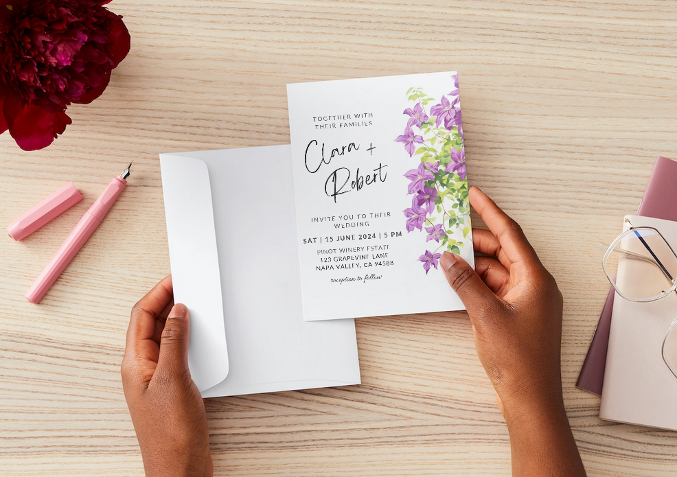 Printable DIY Wedding Invitation Templates with Purple Clematis Floral - Luna Bazaar | Boho & Vintage Style Decor printable-diy-wedding-invitation-templates-with-purple-clematis-floral-luna-bazaar-boho-vintage-style-decor