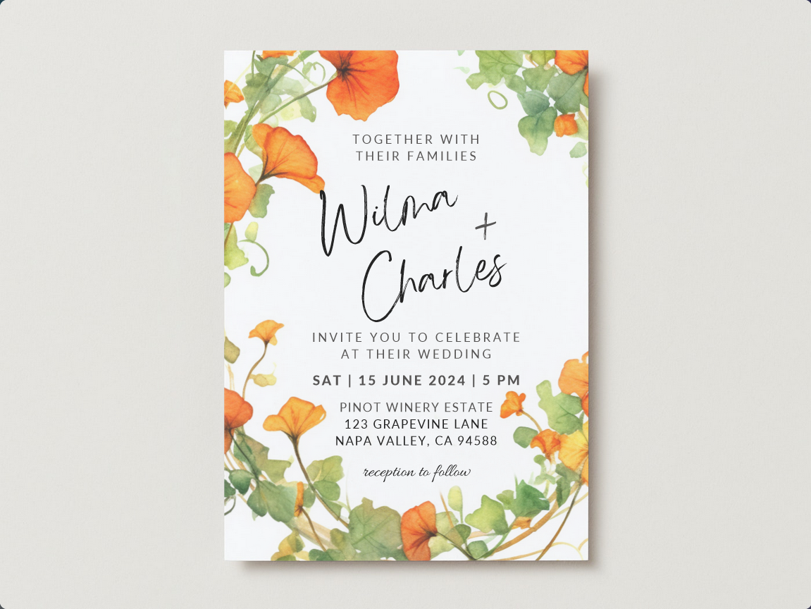 Printable DIY Wedding Invitation Templates with Orange Nasturtium Floral Design - Customizable Edit and Print (Includes Invitation, RSVP, and Details Card) - Luna Bazaar | Boho & Vintage Style Decor