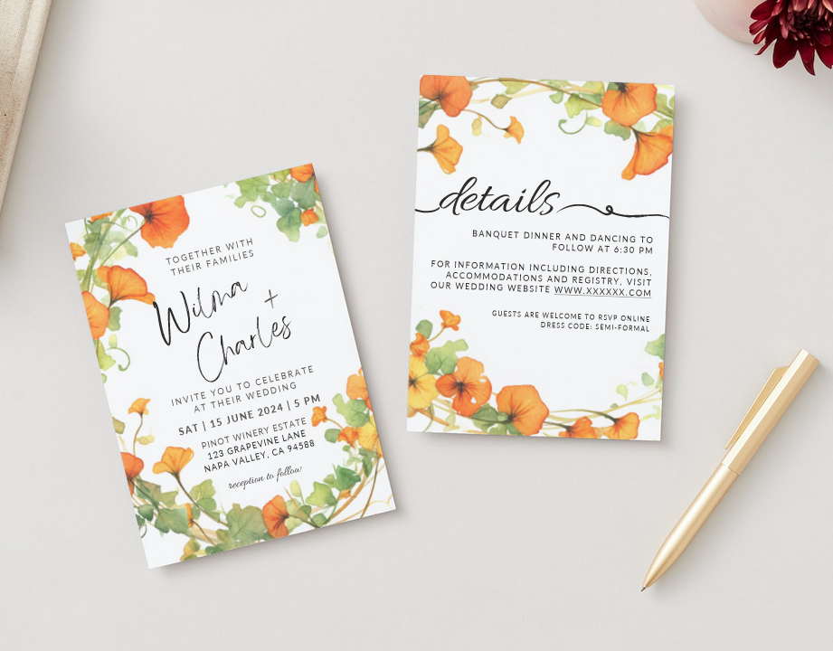 Printable DIY Wedding Invitation Templates with Orange Nasturtium Floral Design - Customizable Edit and Print (Includes Invitation, RSVP, and Details Card) - Luna Bazaar | Boho &amp; Vintage Style Decor
