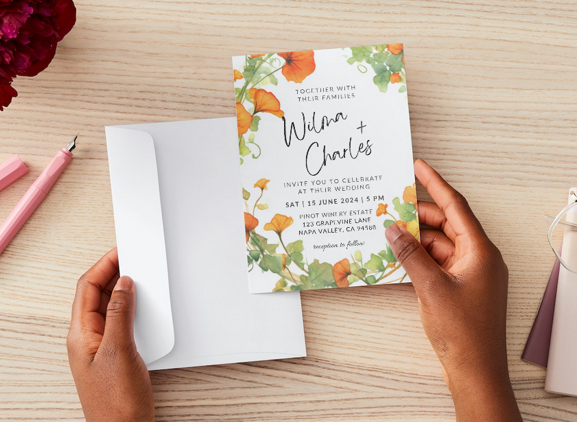Printable DIY Wedding Invitation Templates with Orange Nasturtium Floral Design - Customizable Edit and Print (Includes Invitation, RSVP, and Details Card) - Luna Bazaar | Boho &amp; Vintage Style Decor