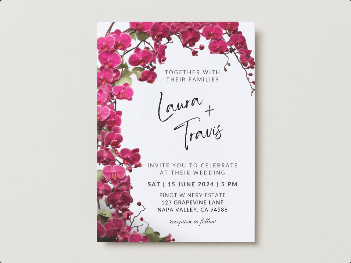 Printable DIY Wedding Invitation Templates with Pink Orchid Floral Design - Customizable Edit and Print (Includes Invitation, RSVP, and Details Card) - Luna Bazaar | Boho &amp; Vintage Style Decor
