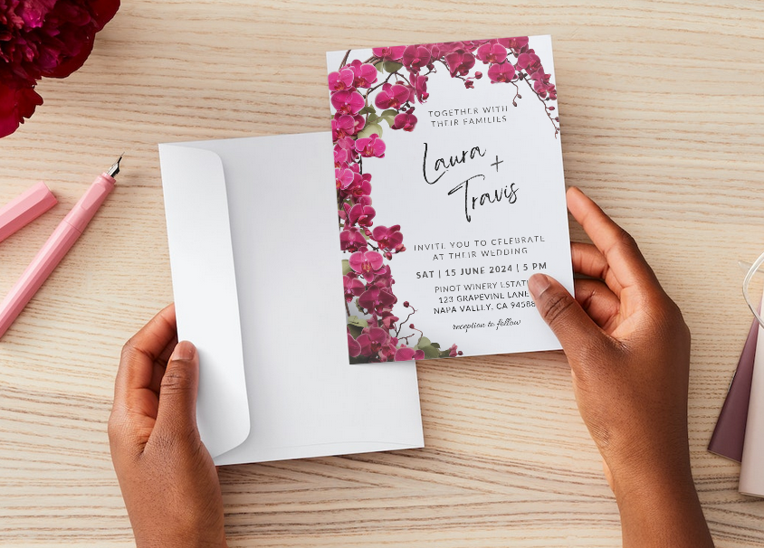 Printable DIY Wedding Invitation Templates with Pink Orchid Floral Design - Customizable Edit and Print (Includes Invitation, RSVP, and Details Card) - Luna Bazaar | Boho &amp; Vintage Style Decor