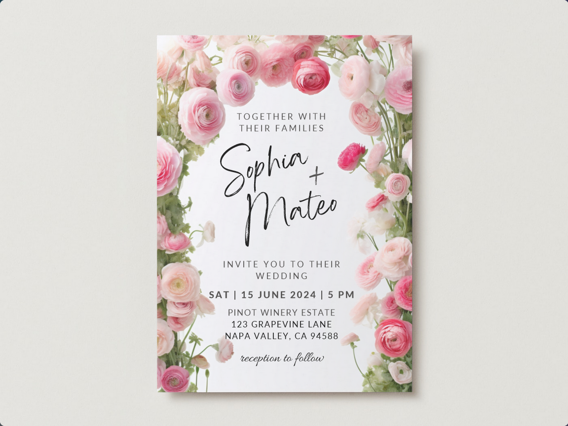 Printable DIY Wedding Invitation Templates With Pink Ranunculus Floral printable-diy-wedding-invitation-templates-with-pink-ranunculus-floral